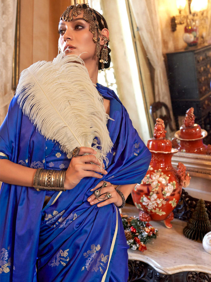 Royal Blue Satin Silk Saree with Woven Zari Work