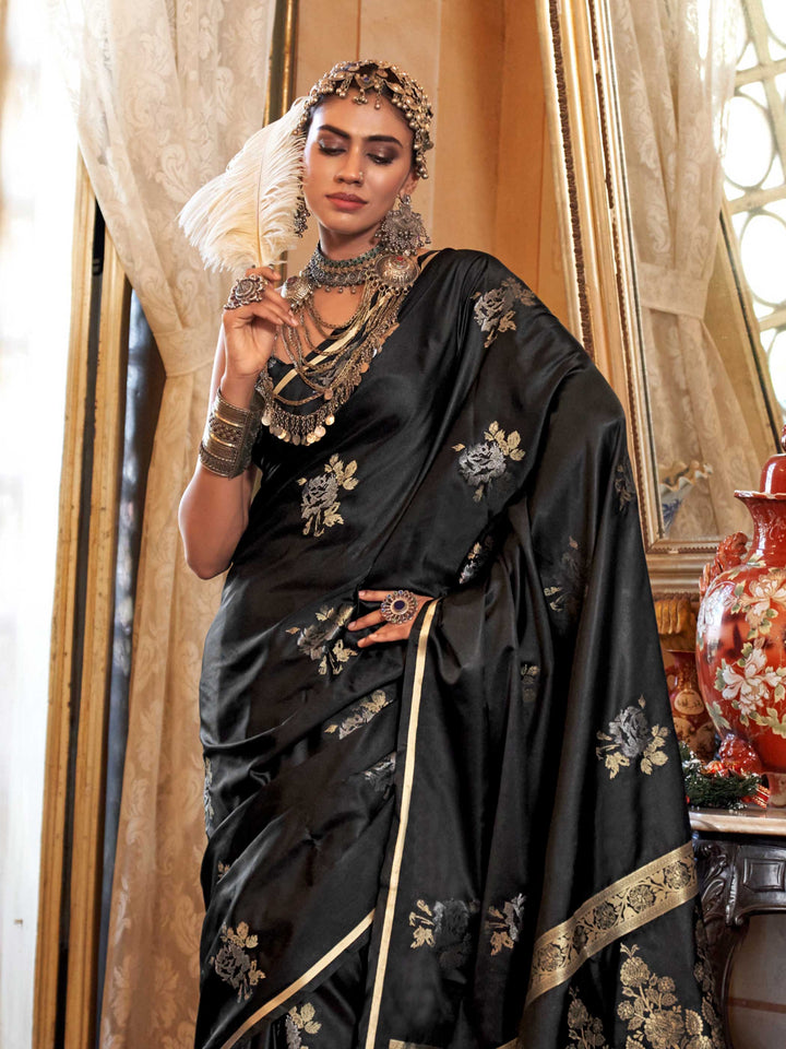 Black Satin Silk Saree with Woven Zari Work