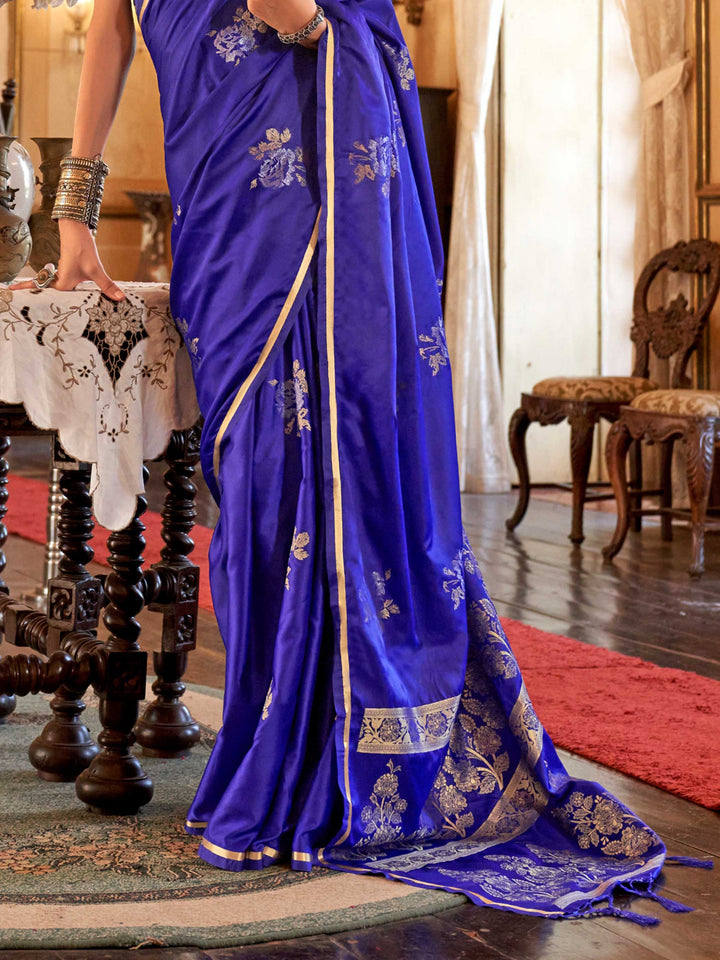 Majestic Blue Satin Silk Saree with Woven Zari Work