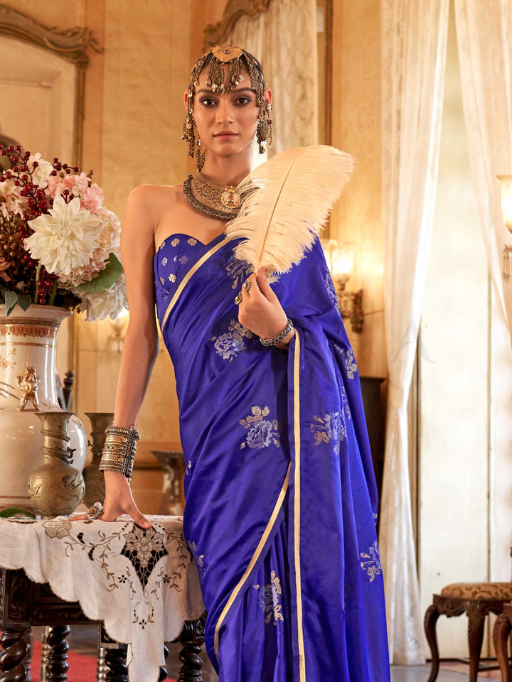 Majestic Blue Satin Silk Saree with Woven Zari Work