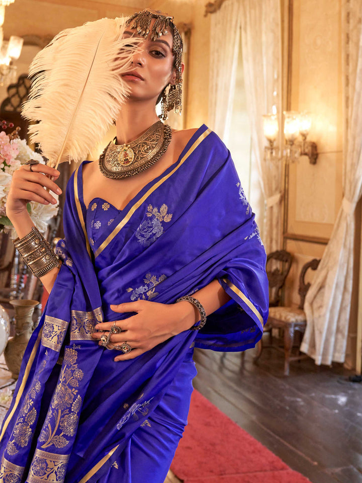 Majestic Blue Satin Silk Saree with Woven Zari Work