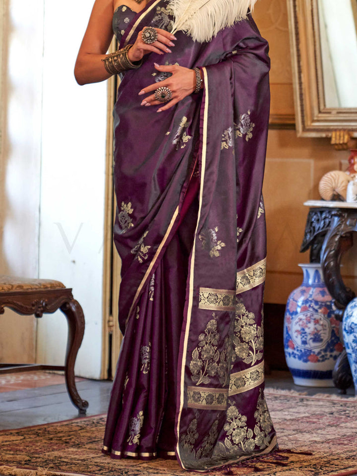 Plum Wine Satin Silk Saree with Woven Zari Work