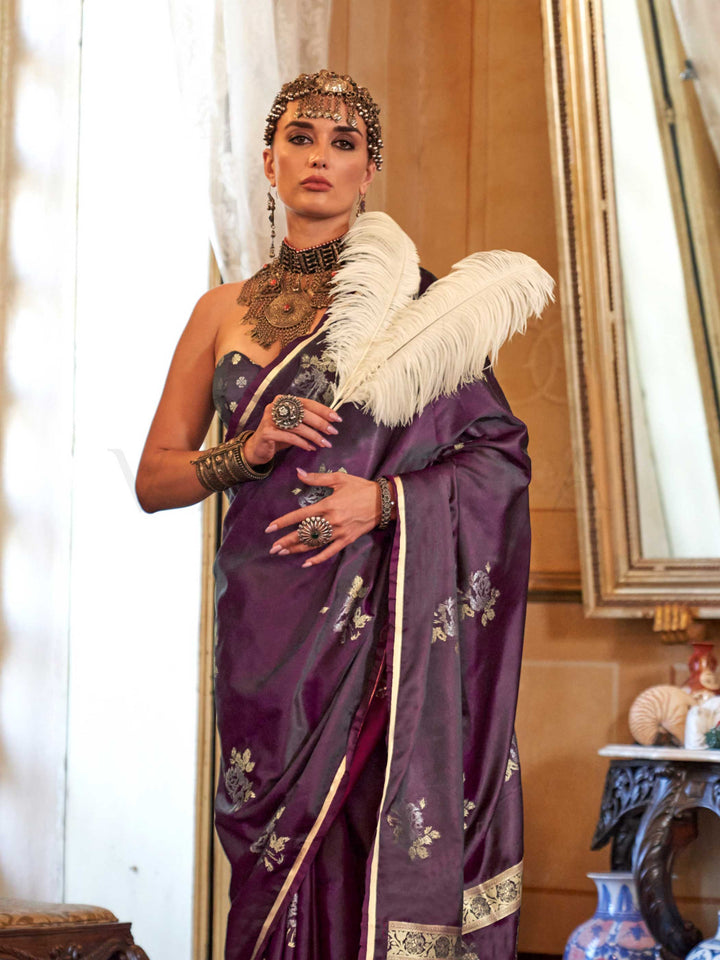 Plum Wine Satin Silk Saree with Woven Zari Work