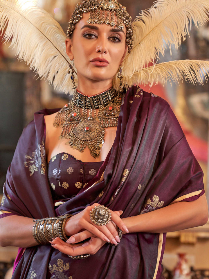 Plum Wine Satin Silk Saree with Woven Zari Work