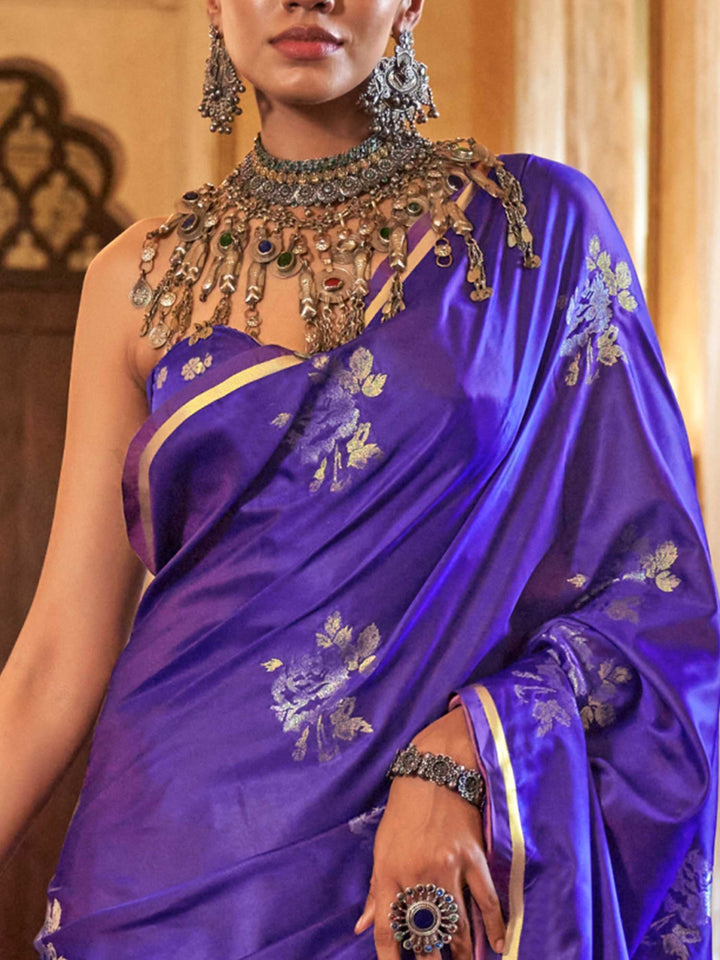 Violet Orchid Satin Silk Saree with Woven Zari Work