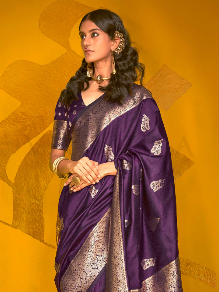 Royal Purple Satin Silk Saree with Woven Zari Work