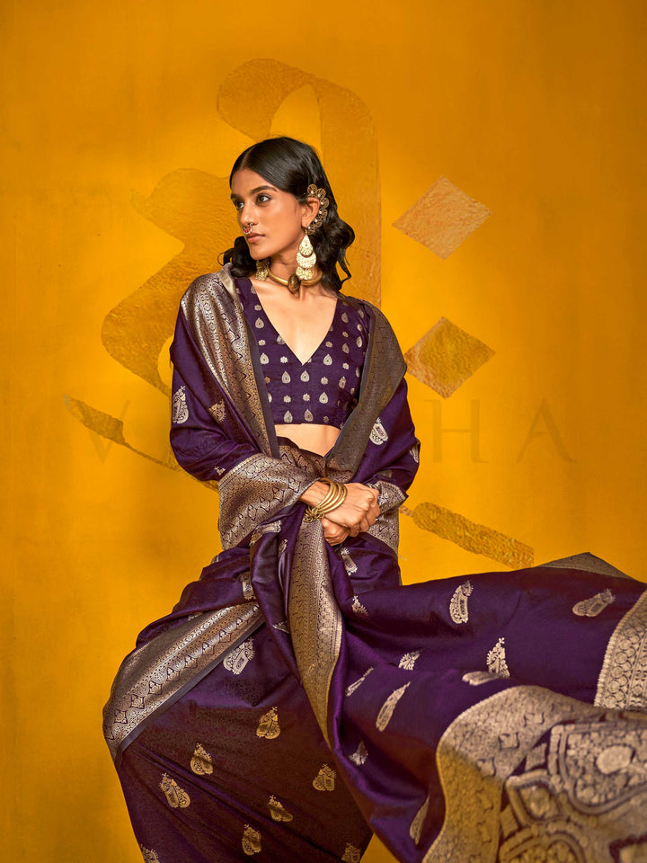 Royal Purple Satin Silk Saree with Woven Zari Work