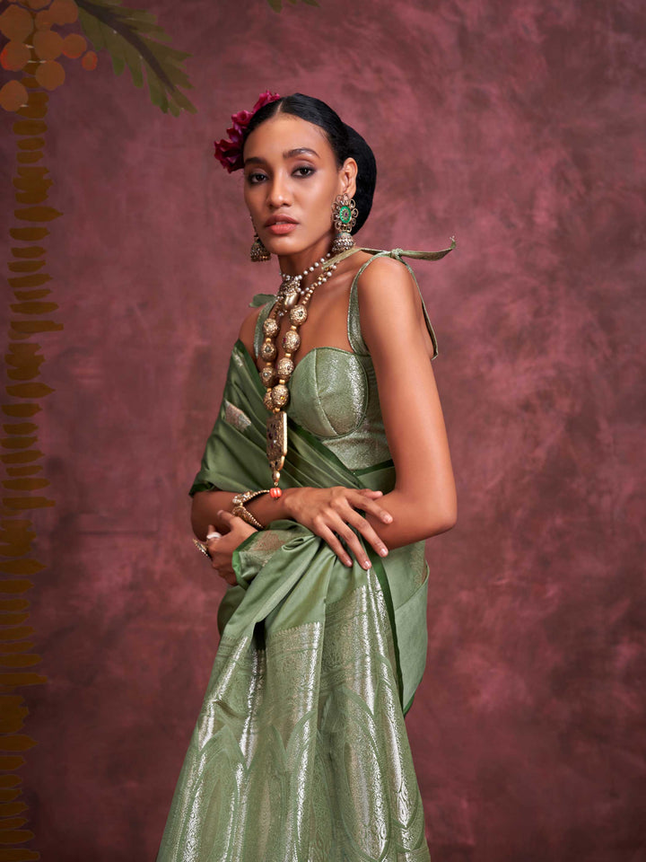 Banarasi Sarees Satin Silk Sarees Green Reception Looks Wedding Green Kanthkala Panther Green Silver Olive