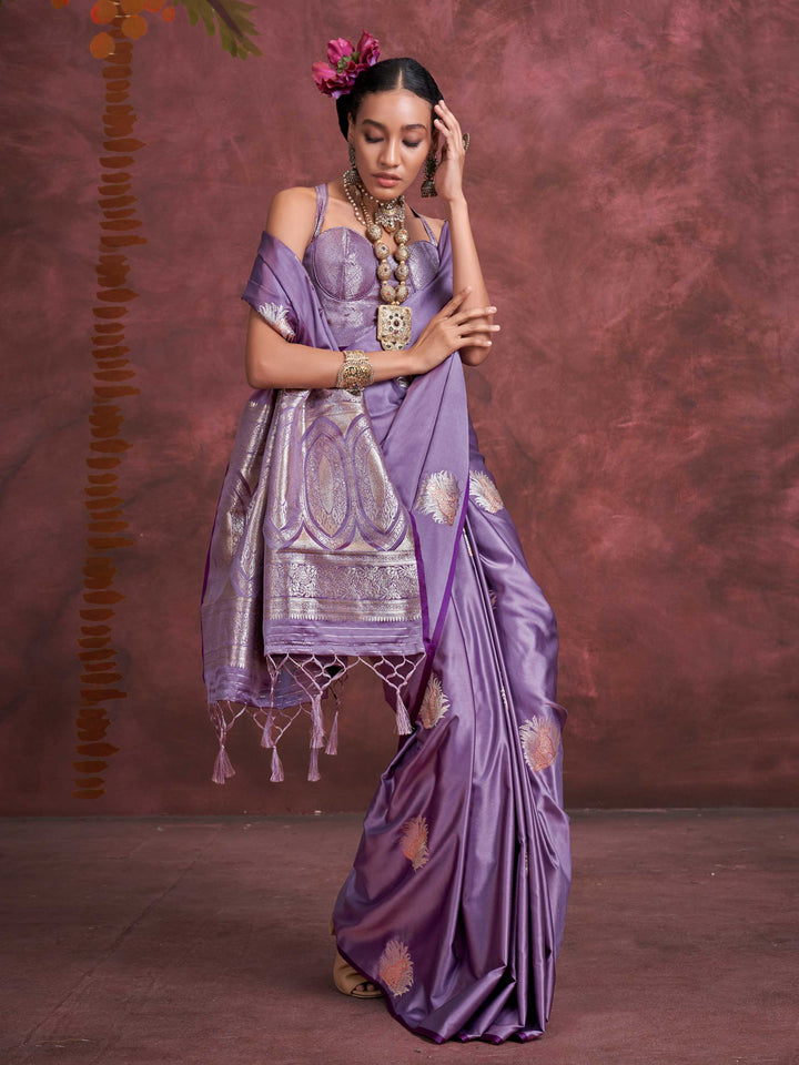 Plum Lavender–Lilac Silver satin silk saree with intricate jacquard zari motifs and metallic pallu, styled for wedding reception and festive bridal evenings with sculpted blouse elegance.