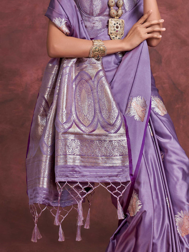 Banarasi Sarees Satin Silk Sarees Purple Reception Looks Wedding Lavender Kanthkala Panther Plum Lavender Lilac Silver