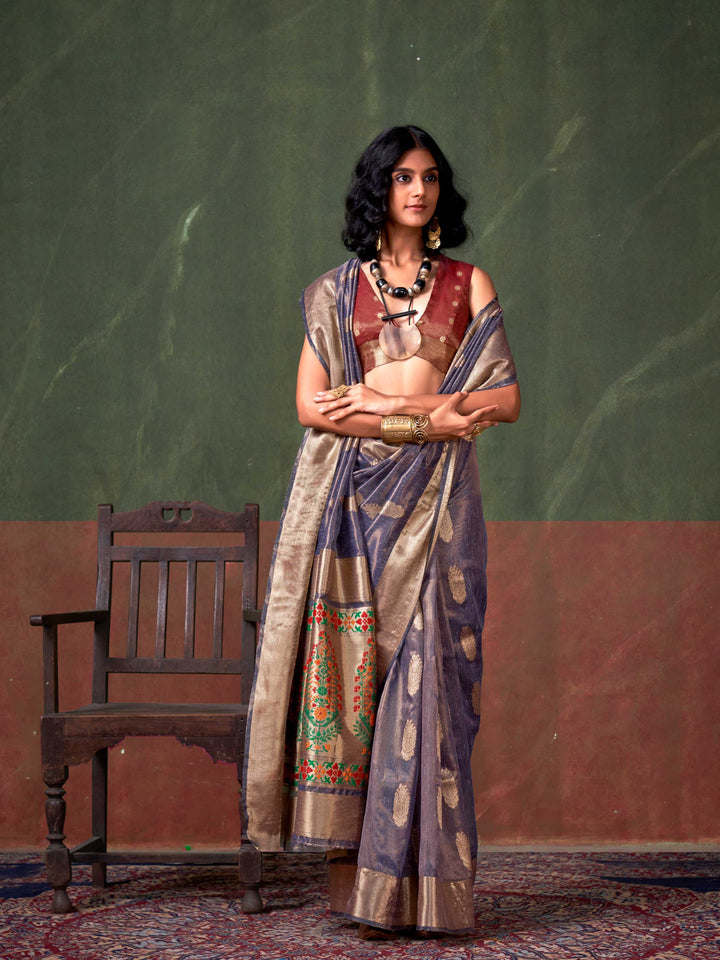 Lilac Paithani Banarasi Tissue Silk Saree with Zari