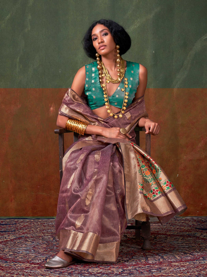 Plum Purple Paithani Banarasi Tissue Silk Saree with Zari