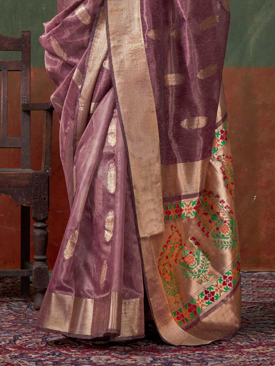 Plum Purple Paithani Banarasi Tissue Silk Saree with Zari