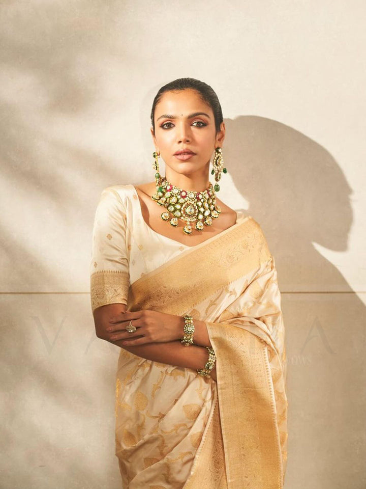 Shriya Pilgaonkar in Pearl White Banarasi Satin Silk