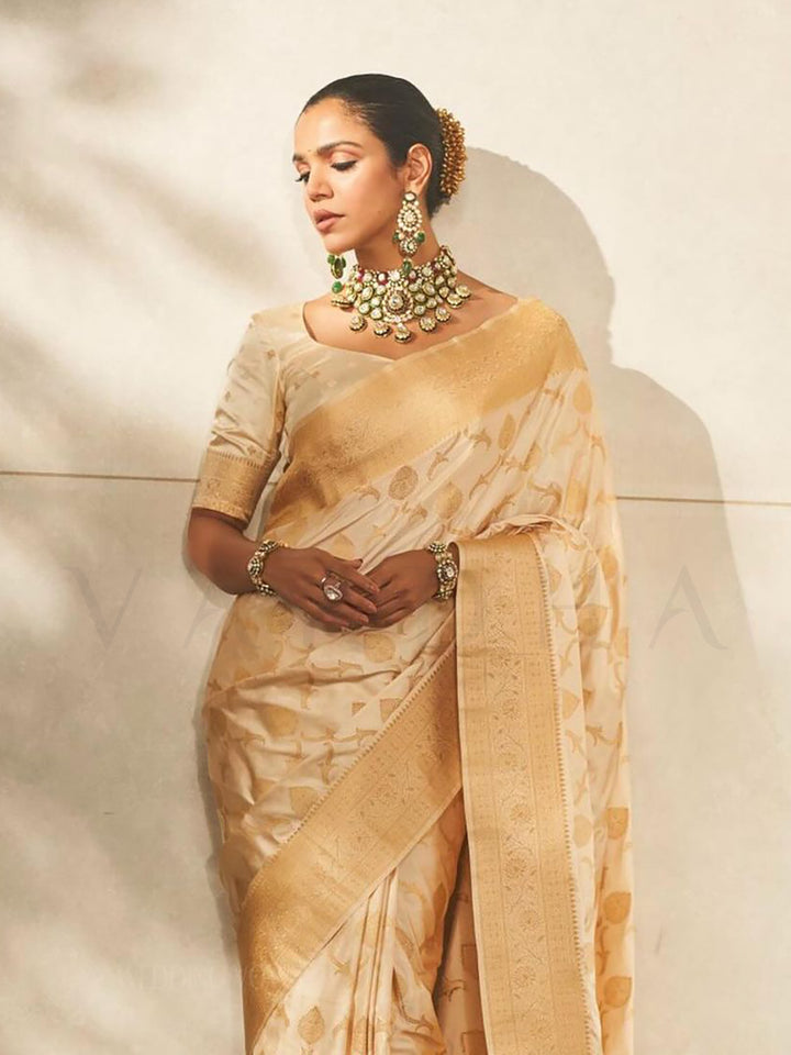 Shriya Pilgaonkar in Pearl White Banarasi Satin Silk