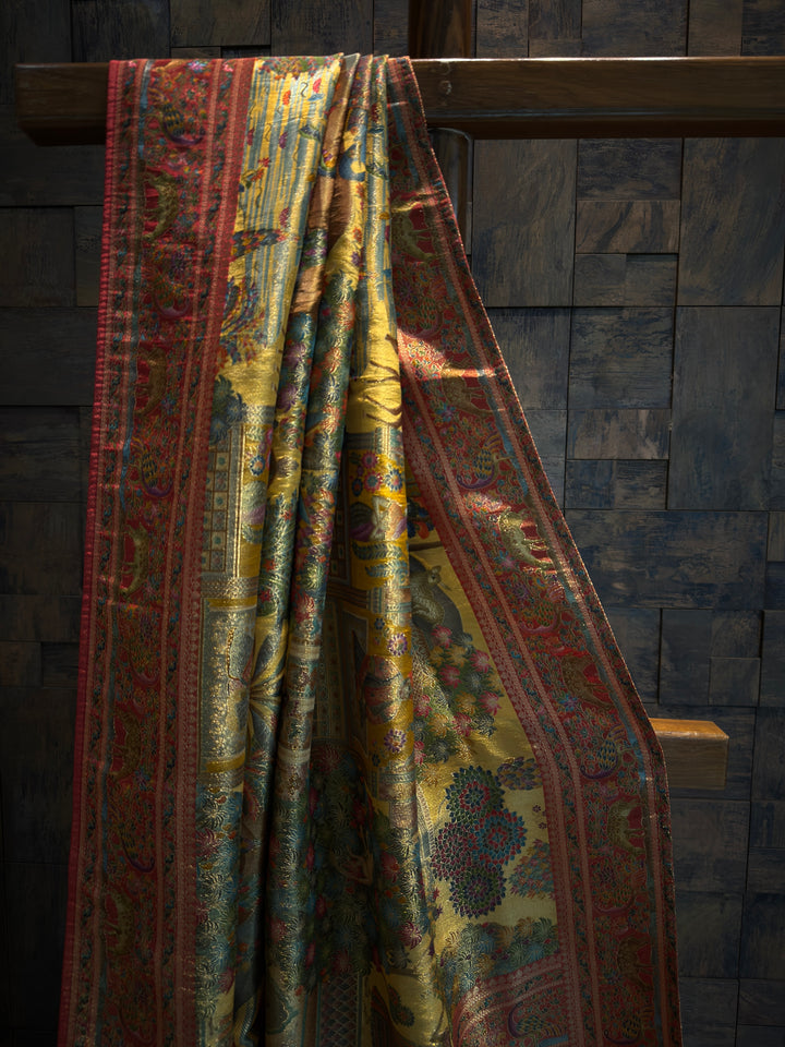 Mustard Yellow Mughal Motif Banarasi Katan Silk Saree with Pink Tissue Blouse