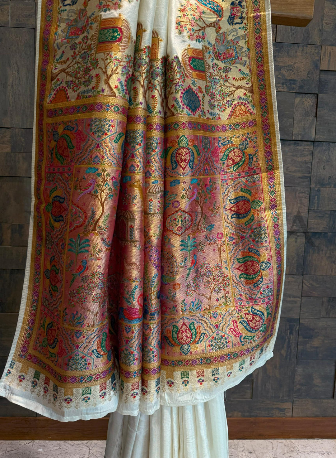 Off-White Viscose Katan Silk Saree with Zari Jungle Motifs