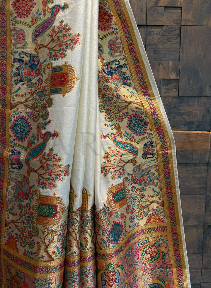 Off-White Viscose Katan Silk Saree with Zari Jungle Motifs