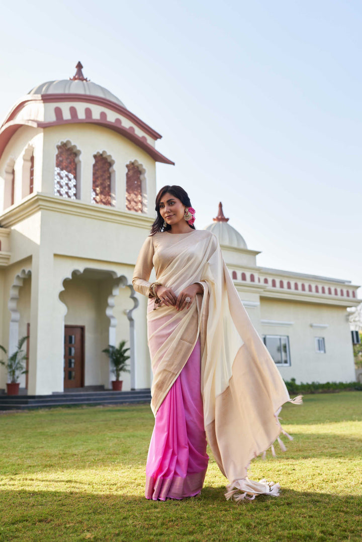 Fusion Pink-White Feather Soft Saree