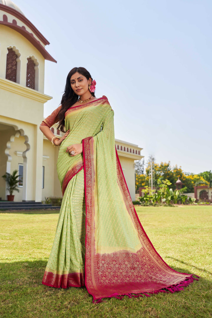 Pistachio Green-Pink Gold Zari Georgette Saree