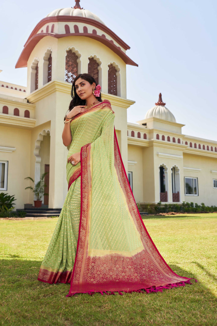 Pistachio Green-Pink Gold Zari Georgette Saree