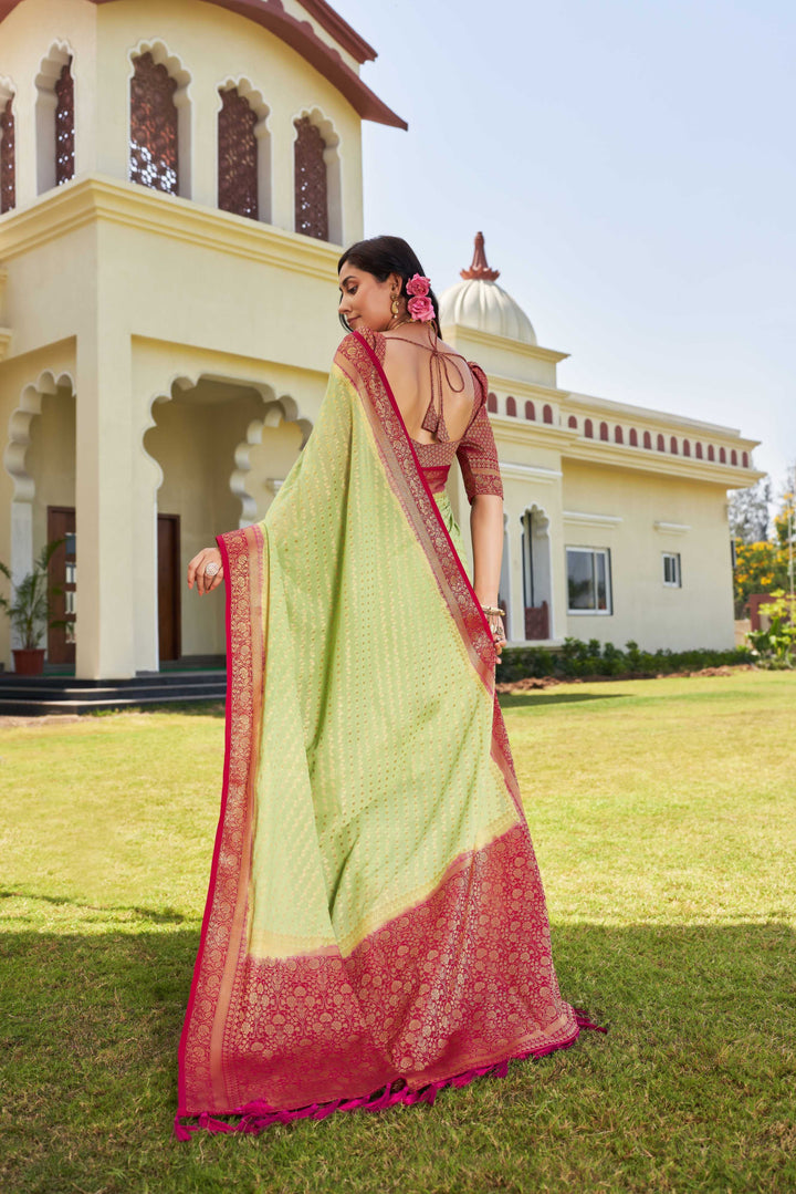 Pistachio Green-Pink Gold Zari Georgette Saree