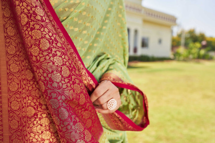 Pistachio Green-Pink Gold Zari Georgette Saree