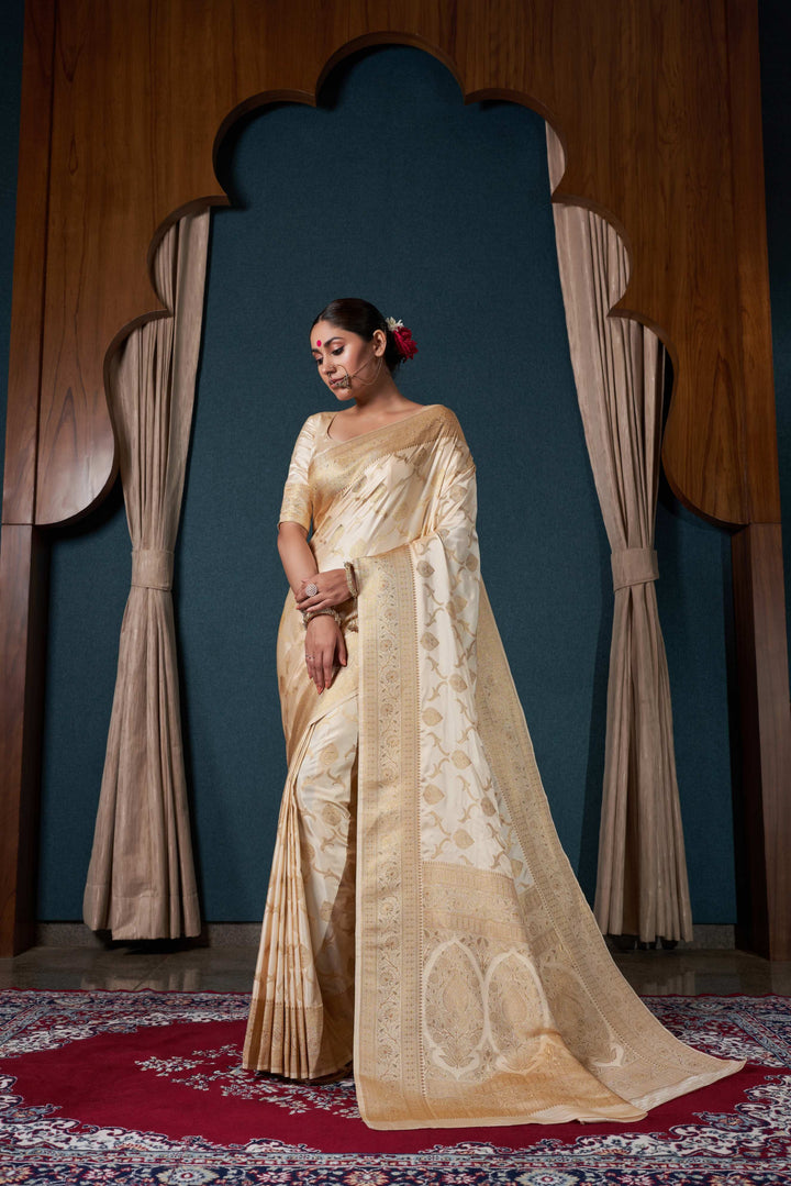 Shriya Pilgaonkar in Pearl White Banarasi Satin Silk