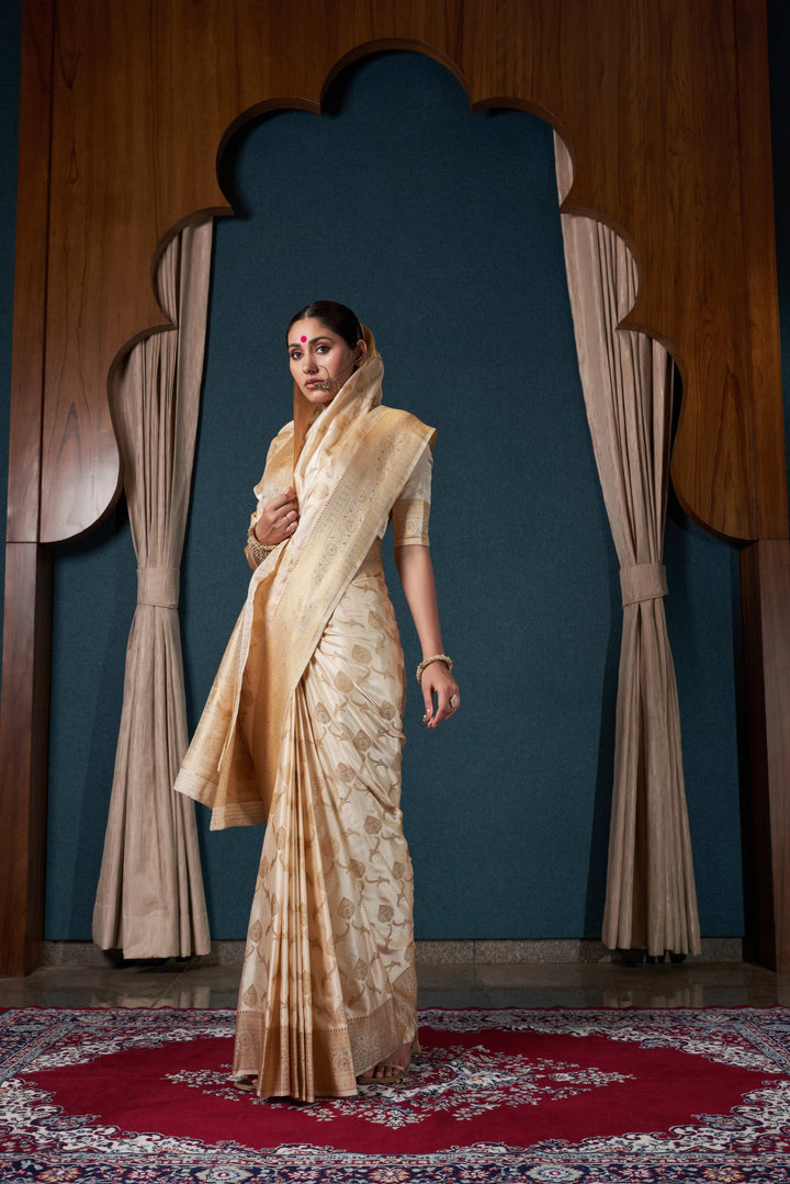 Shriya Pilgaonkar in Pearl White Banarasi Satin Silk