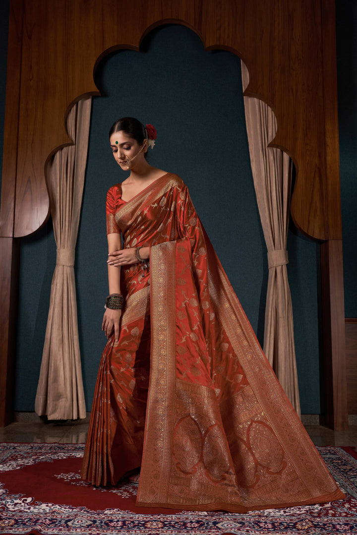 Rust Orange Banarasi Satin Silk