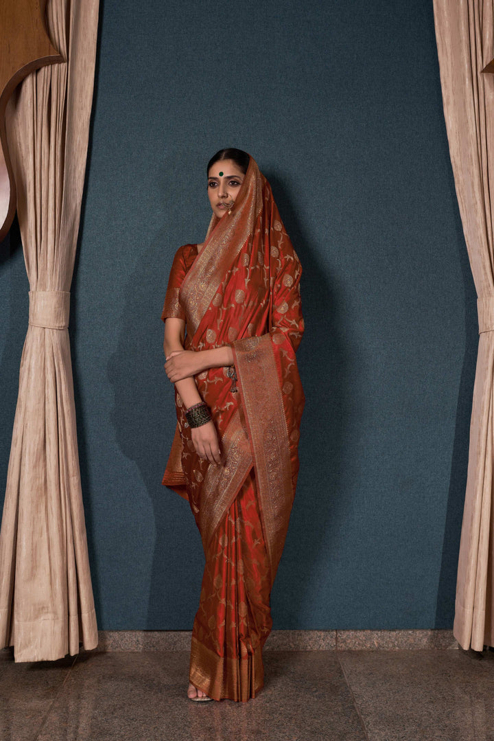 Rust Orange Banarasi Satin Silk