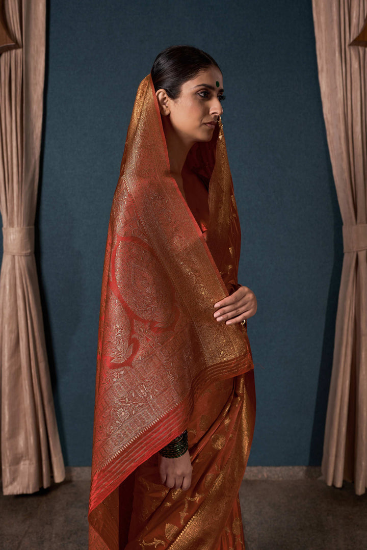 Rust Orange Banarasi Satin Silk