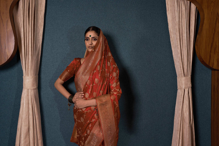 Rust Orange Banarasi Satin Silk
