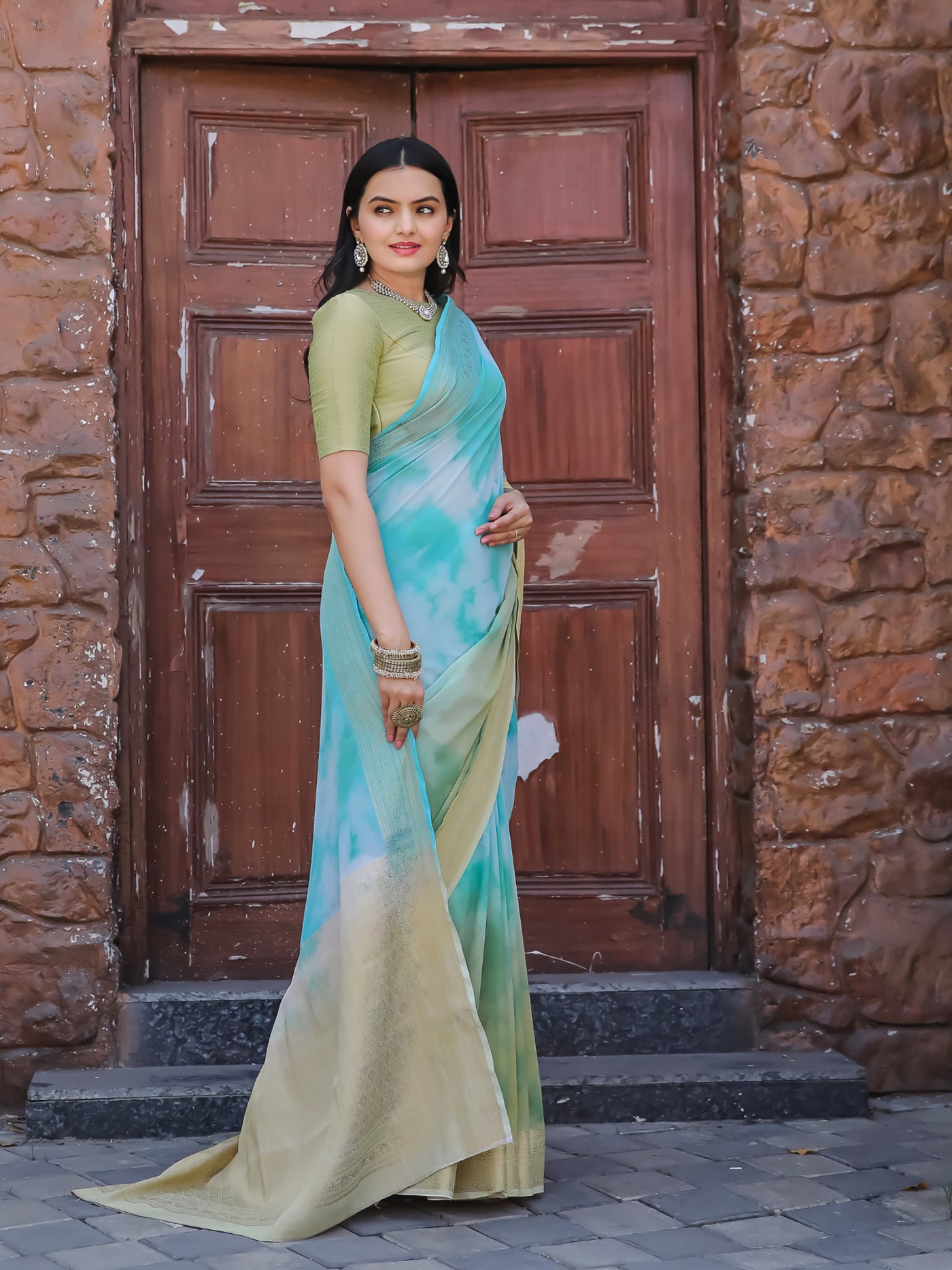 Tie Dye Light Turquoise Green Feather Soft Saree