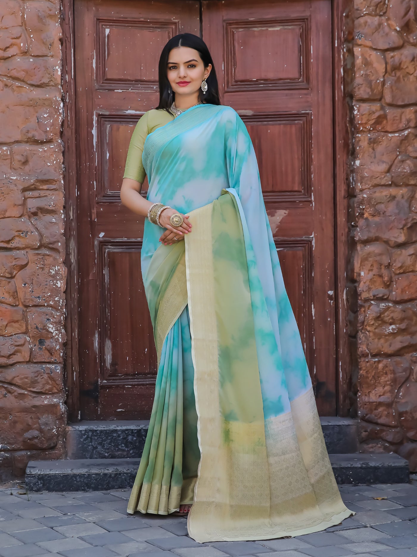 Tie Dye Light Turquoise Green Feather Soft Saree