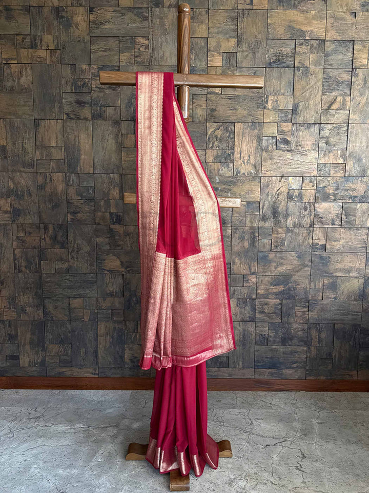Maroon Georgette Feather Soft Saree with Gold Zari Work