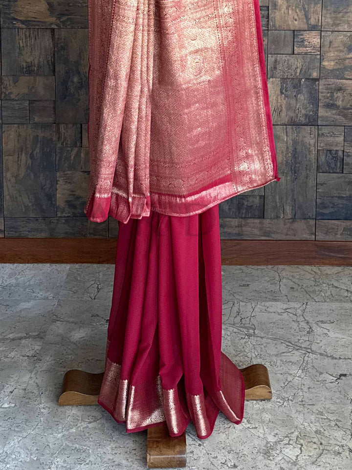 Maroon Georgette Feather Soft Saree with Gold Zari Work
