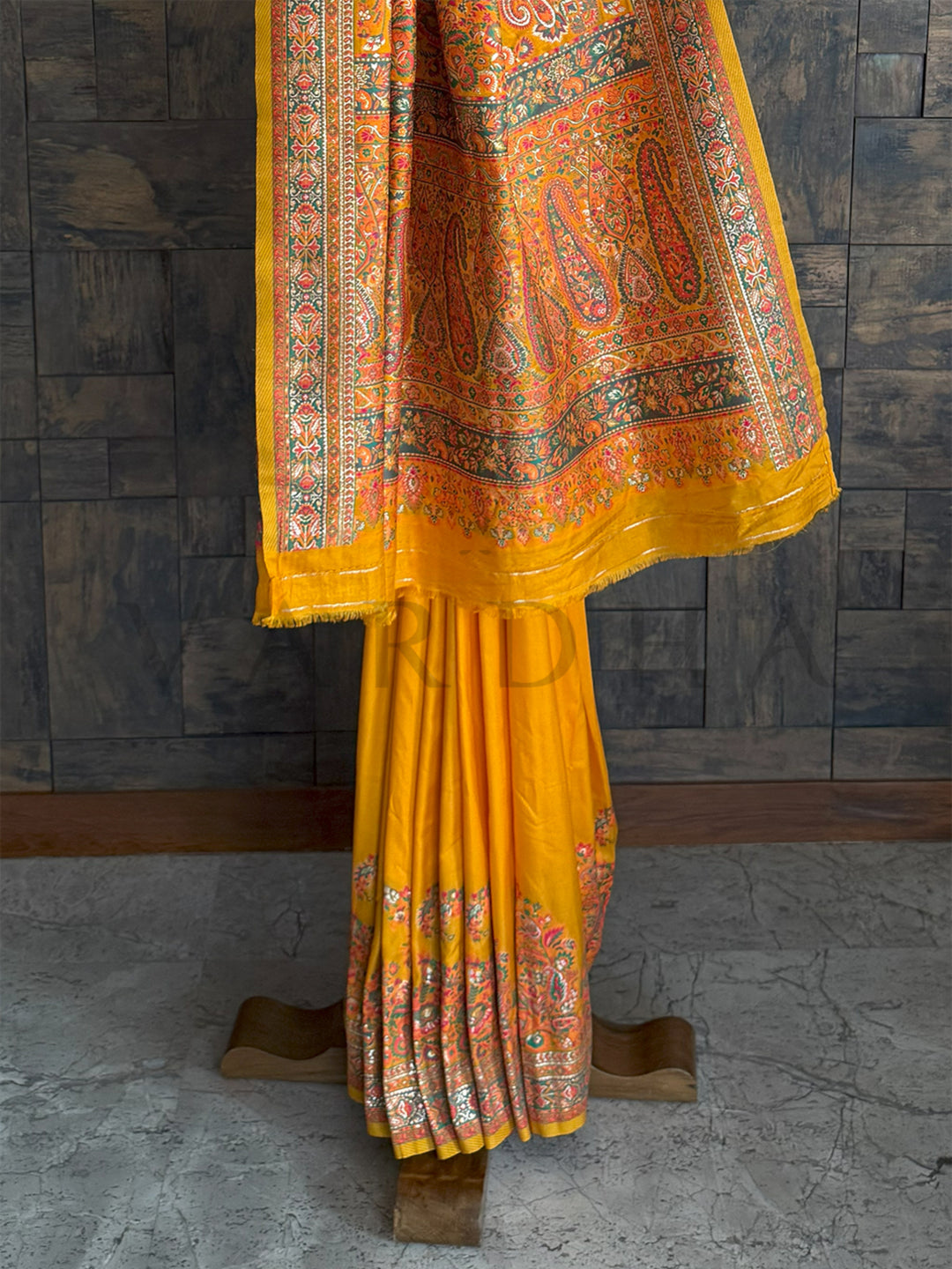 Mustard-Yellow Pashmina Raw Silk Saree with Exquisite Thread Work