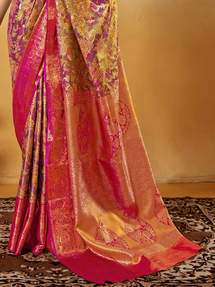 Magenta–Gold Banarasi satin silk saree with zari work and woven parrot motifs, styled for traditional Indian wedding rituals with luxury finish. Magenta–Gold Banarasi satin silk saree with zari work and woven parrot motifs, styled for traditional Indian wedding rituals with luxury finish..