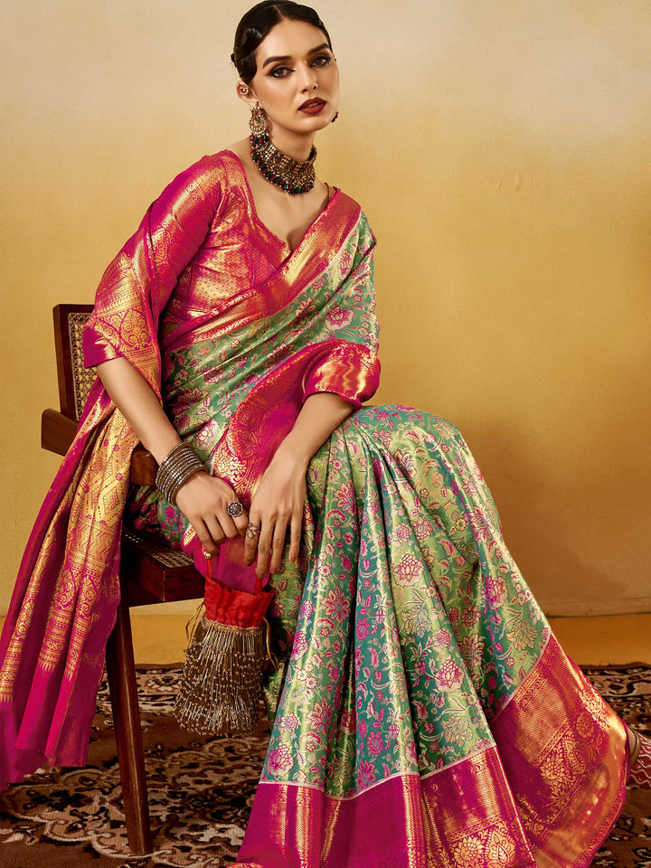 Banarasi Sarees Satin Silk Sarees Green Wedding Rituals Wedding Green Dharmavaram Sea Green Rani Pink