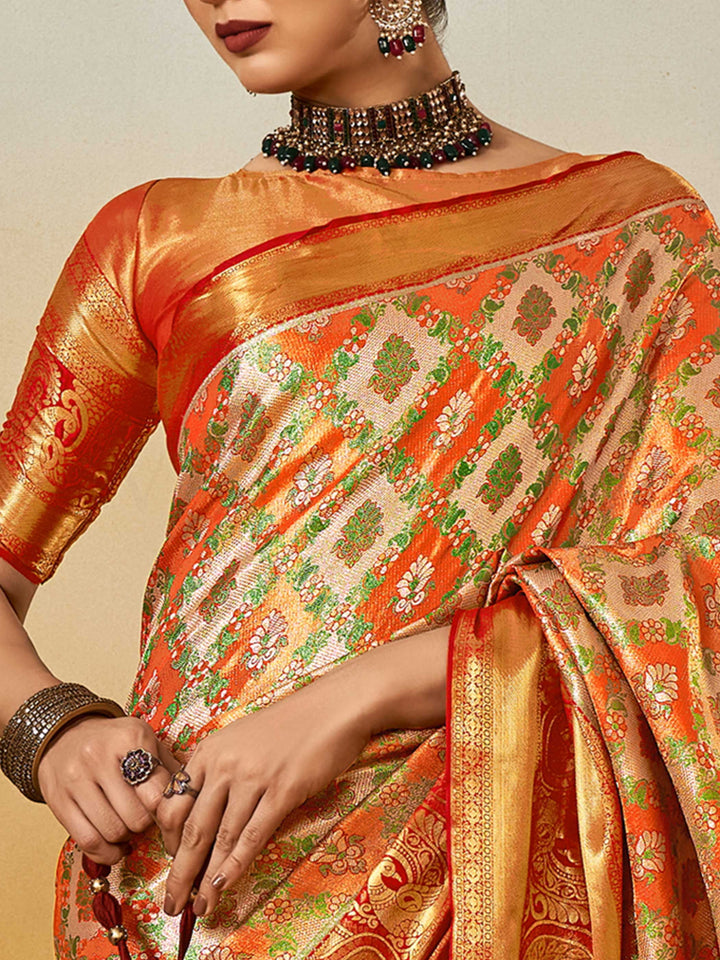 Orange–Gold Banarasi satin silk saree with zari work and woven parrot motifs, styled for traditional Indian wedding rituals with luxury finish. Orange–Gold Banarasi satin silk saree with zari work and woven parrot motifs, styled for traditional Indian wedding rituals with luxury finish..
