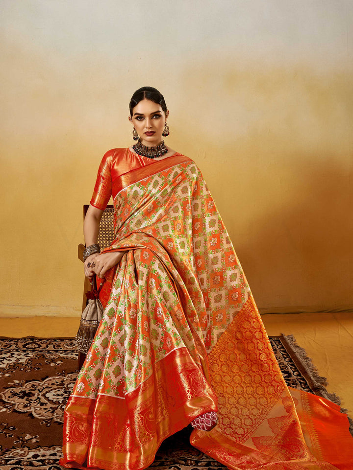 Banarasi Sarees Satin Silk Sarees Orange Wedding Rituals Wedding Orange Dharmavaram Orange Gold