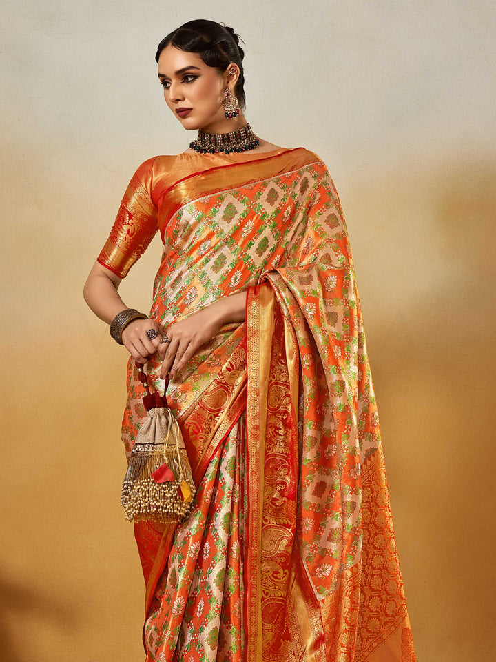 Orange–Gold Banarasi satin silk saree with zari work and woven parrot motifs, styled for traditional Indian wedding rituals with luxury finish. Orange–Gold Banarasi satin silk saree with zari work and woven parrot motifs, styled for traditional Indian wedding rituals with luxury finish..