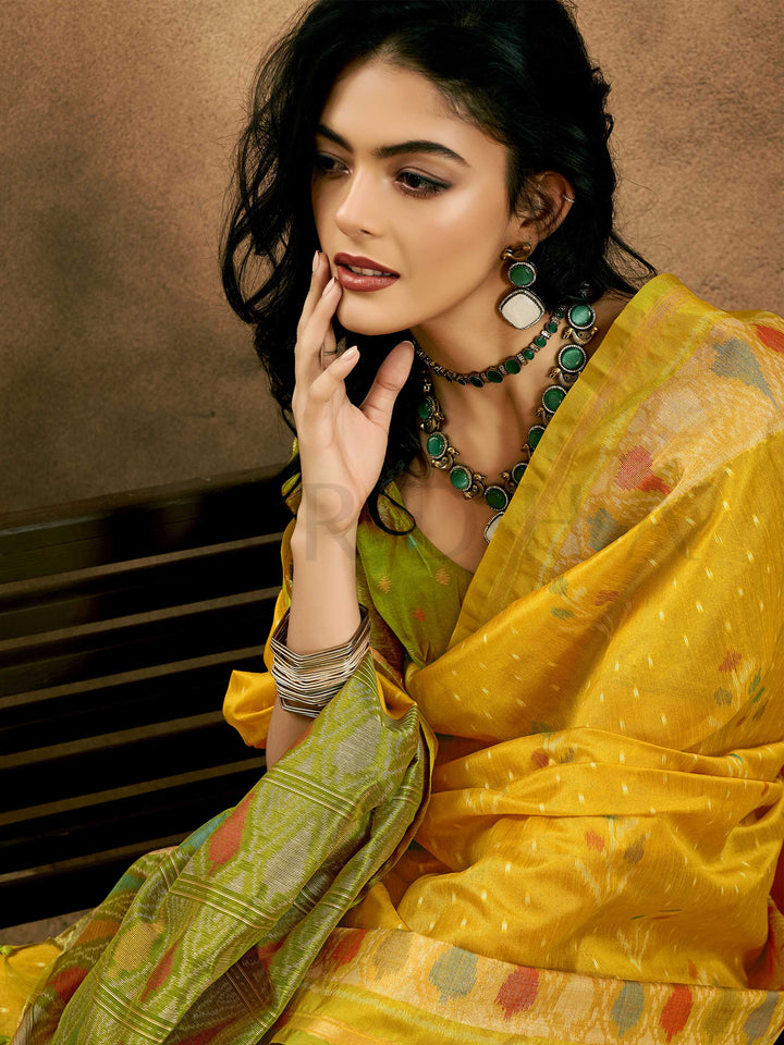 Banarasi Sarees Silk Sarees Yellow Festive Vows Wedding Yellow Krystal ARTICLE Sunflower Yellow Leaf Green