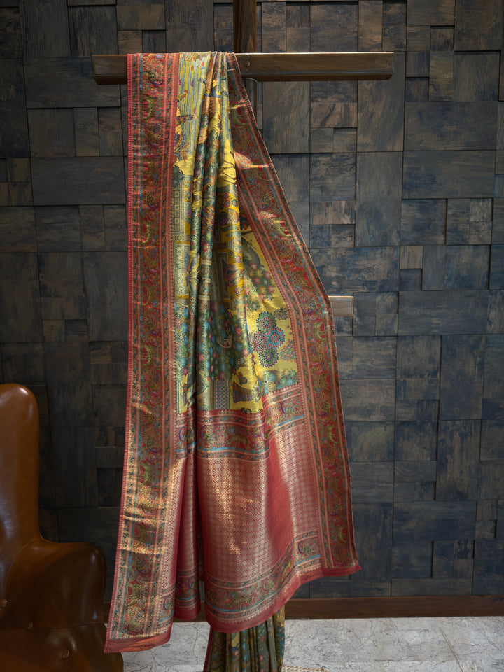 Mustard Yellow Mughal Motif Banarasi Katan Silk Saree with Pink Tissue Blouse