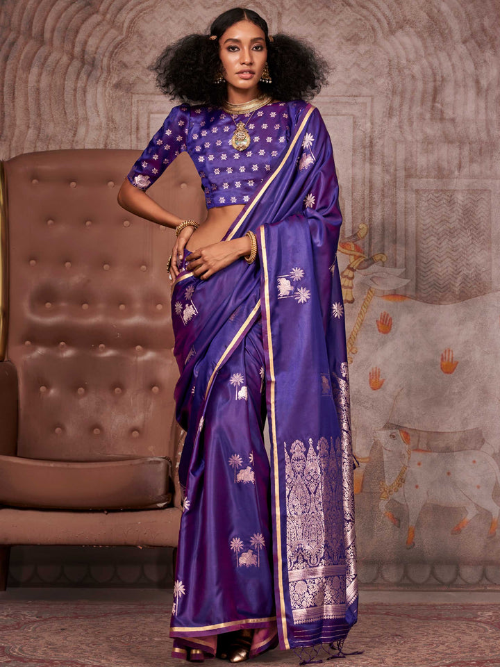 Aubergine Purple Banarasi Satin Silk Saree with Intricate Gold Floral Zari Work, perfect for Weddings, Festive Celebrations, and Bridal Wear.
