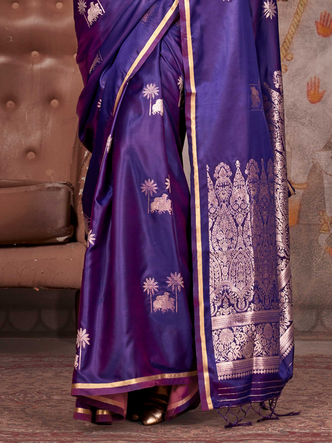 Handwoven Banarasi Satin Silk Saree in Aubergine Purple, featuring Royal Gold Zari Weaving and a Grand Woven Pallu, ideal for Traditional and Cultural Events.