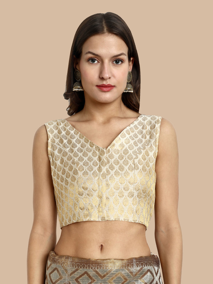 Off-White V-Neck Sleeveless Brocade Blouse