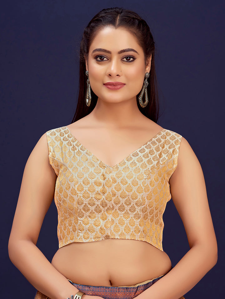 Off-White V-Neck Sleeveless Brocade Blouse with Zari Work