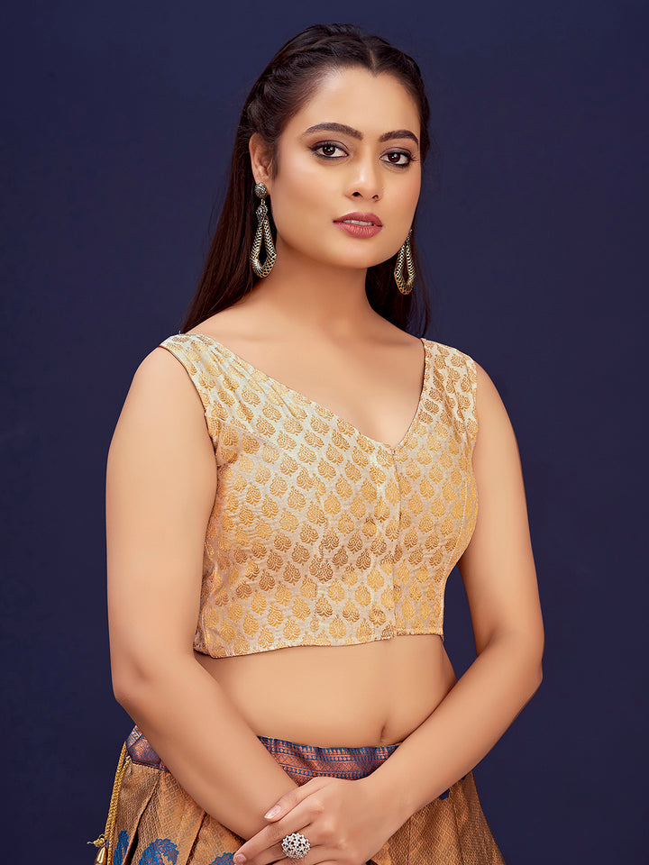 Off-White V-Neck Sleeveless Brocade Blouse with Zari Work